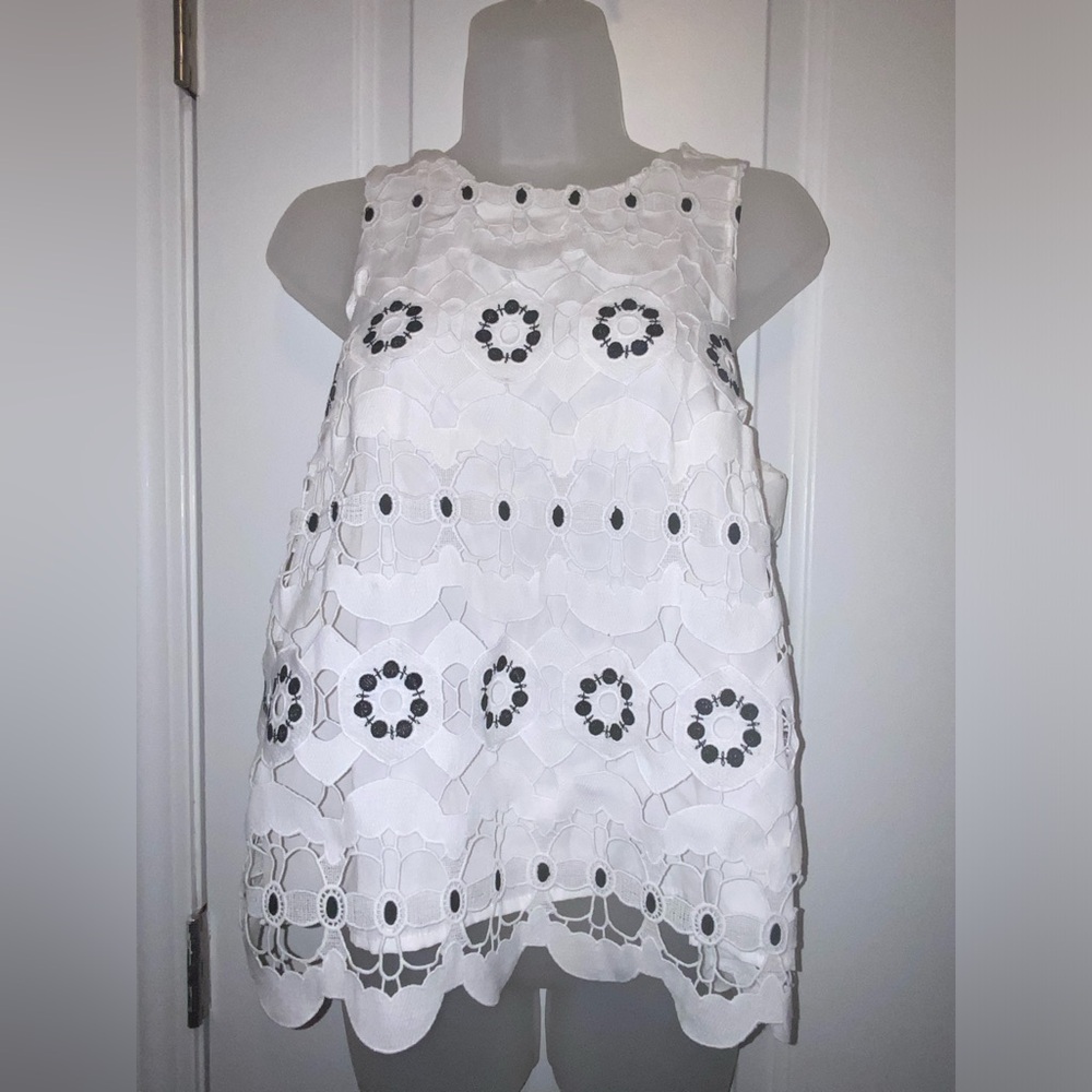 HD in Paris Anthropologie Shirt White with Black Embroidered Pattern Tank Top